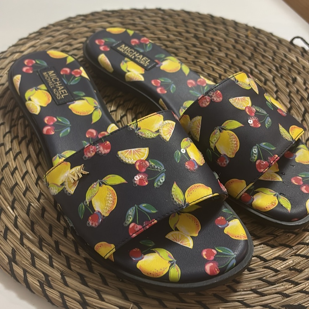 Michael Kors Black Slides with Lemon and Cherry Print - Picture 3 of 7